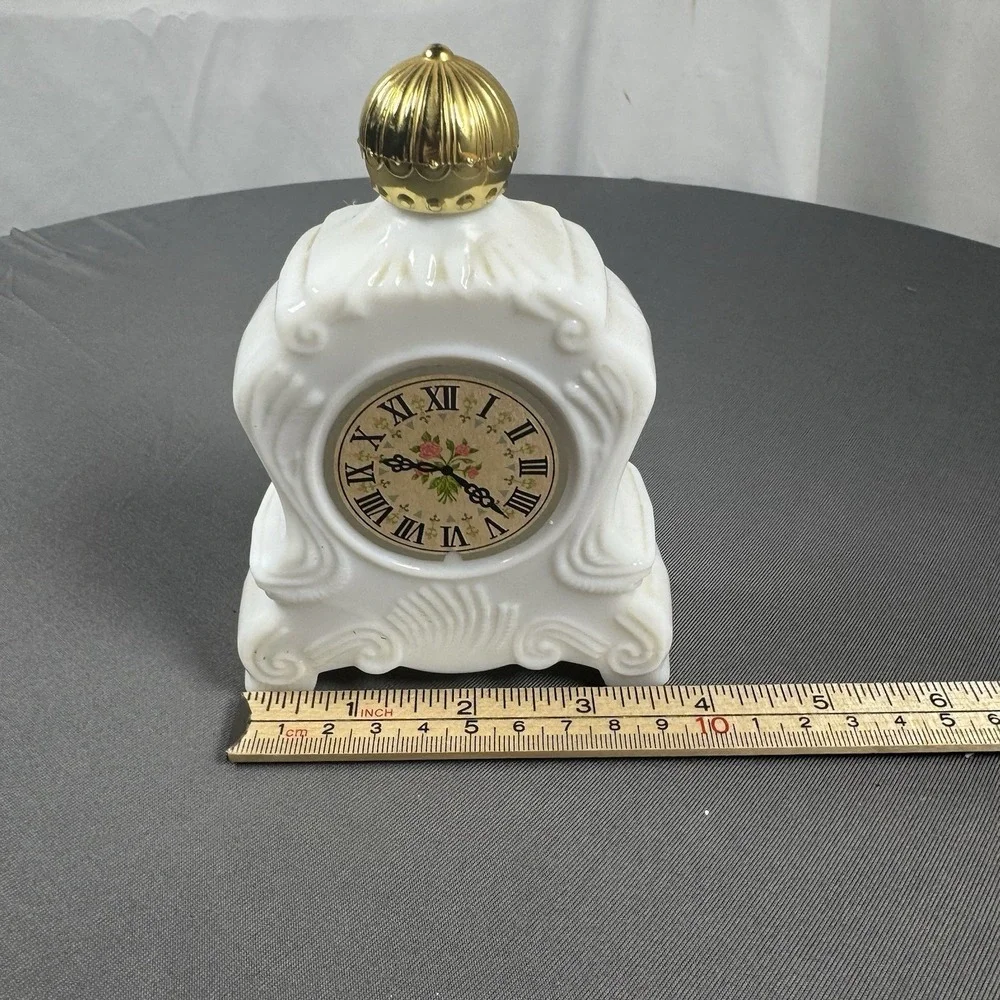 Vintage AVON Brocade White Milk Glass Mantel Clock Foaming‎ Bath Oil 5 oz